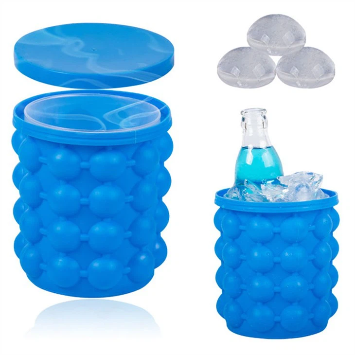 Silicone Ice Bucket Frozen Mold Maker 2 IN 1 Portable Round Silicone Ice Cube Bucket With Cover For Frozen Ice Cube Tray